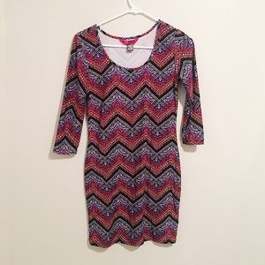 Fitted, long sleeve, colorful patterned dress